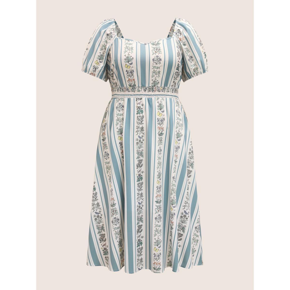 Plus Size Floral Patchwork Striped Shirred Puff Sleeve Dress LightBlue Women Elegant Gathered Heart neckline Short sleeve Curvy BloomChic 12/L Product Image
