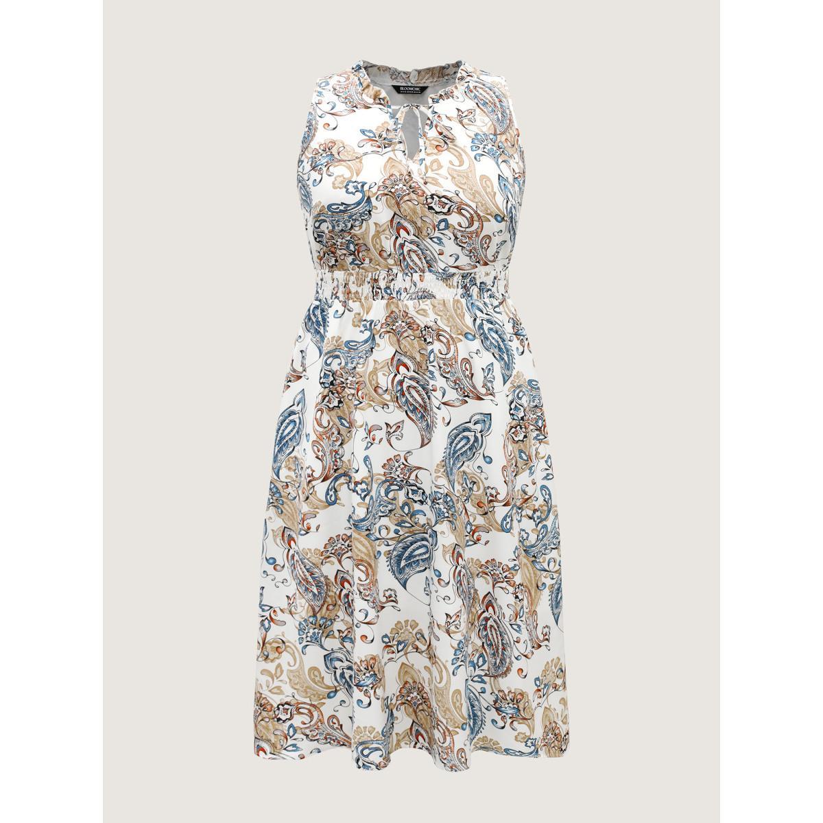 Plus Size Paisley Print Shirred Waist Pockets Midi Dress WhiteSmoke Women Notched collar Sleeveless Curvy BloomChic 14-16/1X Product Image