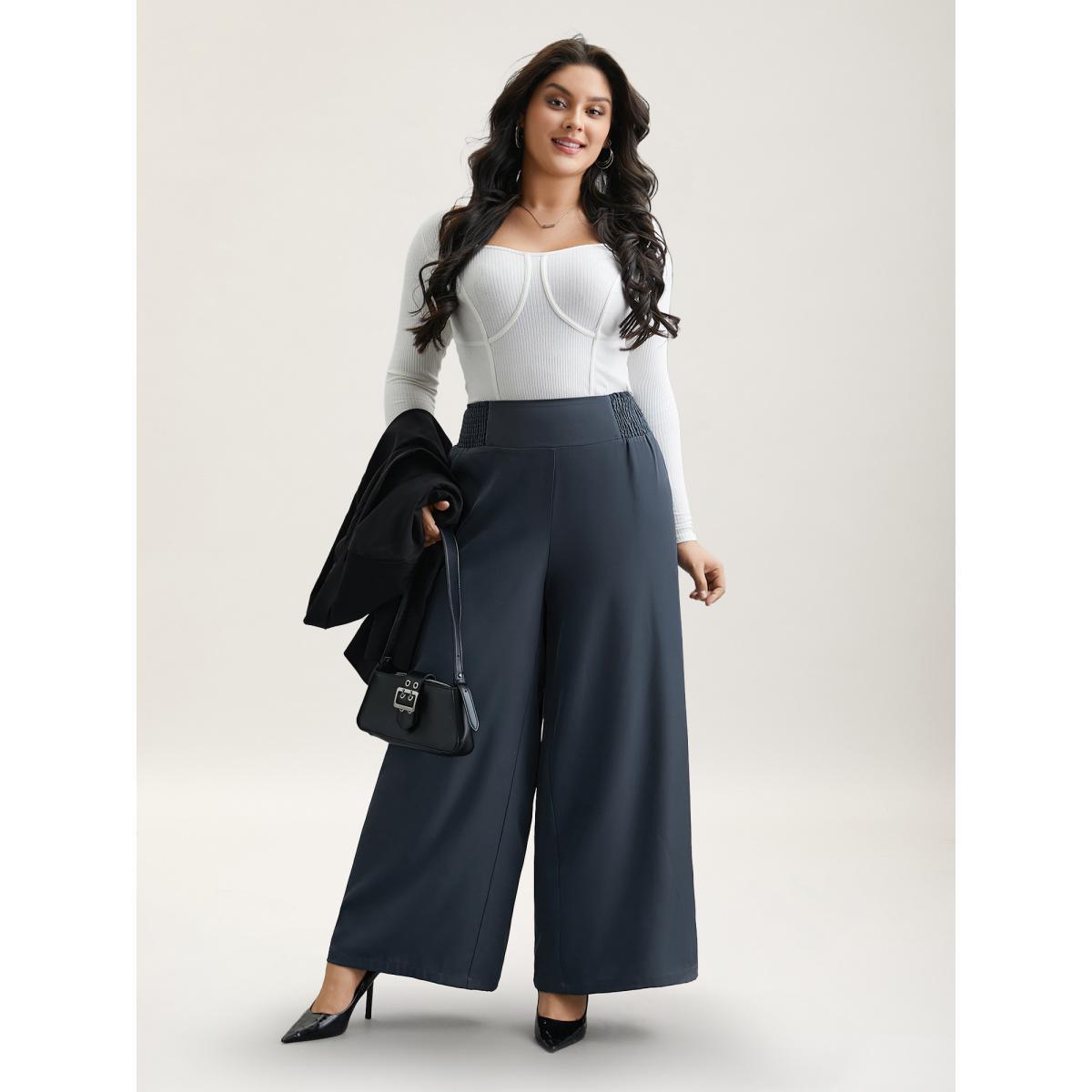 Plus Size Shirred Waist Stretchy Wide-Leg Pants Women Stone At the Office Wide Leg Mid Rise Work Pants BloomChic 26/4X Product Image