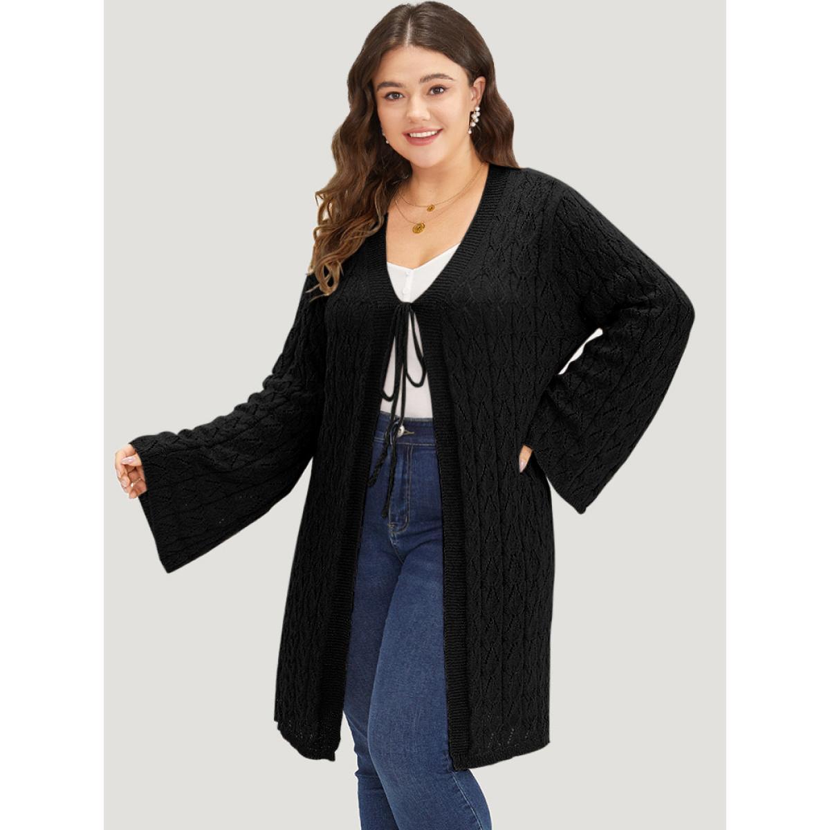 Plus Size Geometric Eyelet Tie Front Bell Sleeve Tunic Cardigan Black Women Casual Loose Long Sleeve Dailywear Cardigans BloomChic 26/4X Product Image