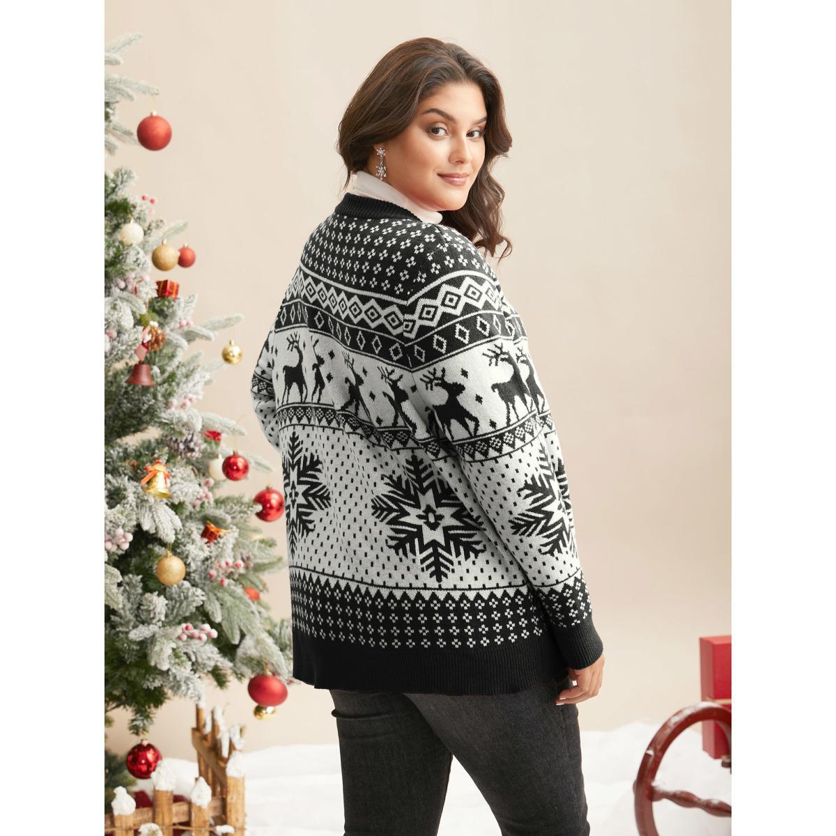 Plus Size Reindeer And Snow Pattern Button-Front Cardigan Black Women Casual Loose Long Sleeve Everyday Cardigans BloomChic 18-20/2X Product Image
