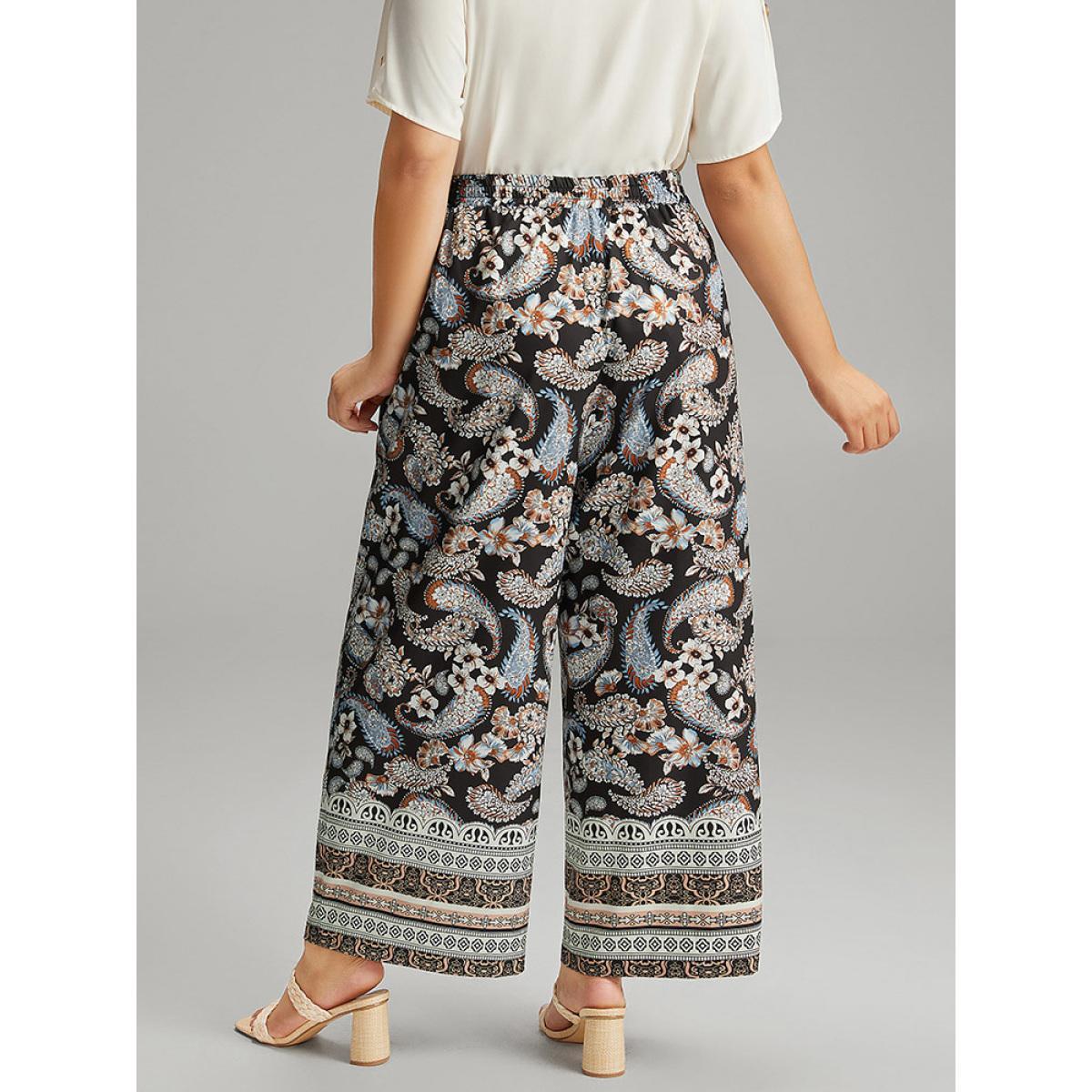 Plus Size Boho Print Tassel Elastic Waist Pants Women Black Resort Straight Leg High Rise Vacation Pants BloomChic 30/6X Product Image