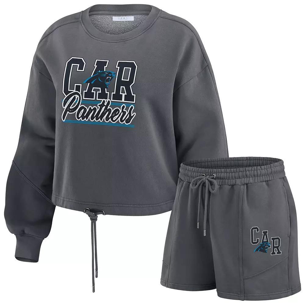 Women's WEAR by Erin Andrews Black Carolina Panthers Washed Fleece Long Sleeve T-Shirt & Shorts Lounge Set, Size: Large Product Image