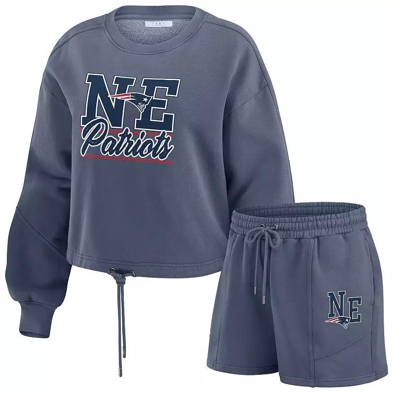 Women's WEAR by Erin Andrews Navy New England Patriots Washed Fleece Long Sleeve T-Shirt & Shorts Lounge Set, Size: 2XL, Blue Product Image