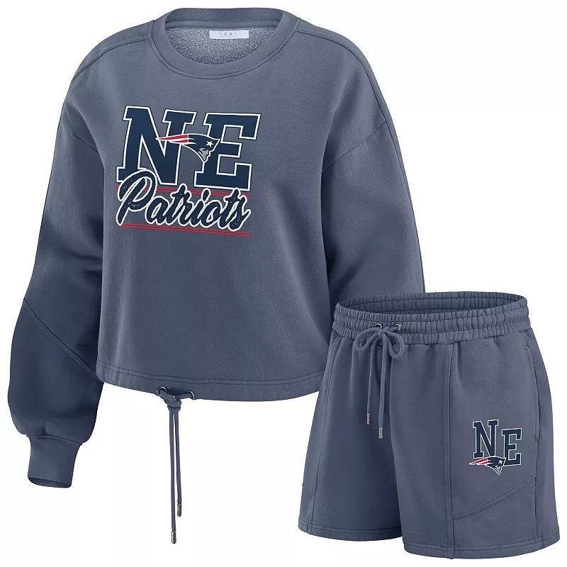 Women's WEAR by Erin Andrews Navy New England Patriots Washed Fleece Long Sleeve T-Shirt & Shorts Lounge Set, Size: 2XL, Blue Product Image