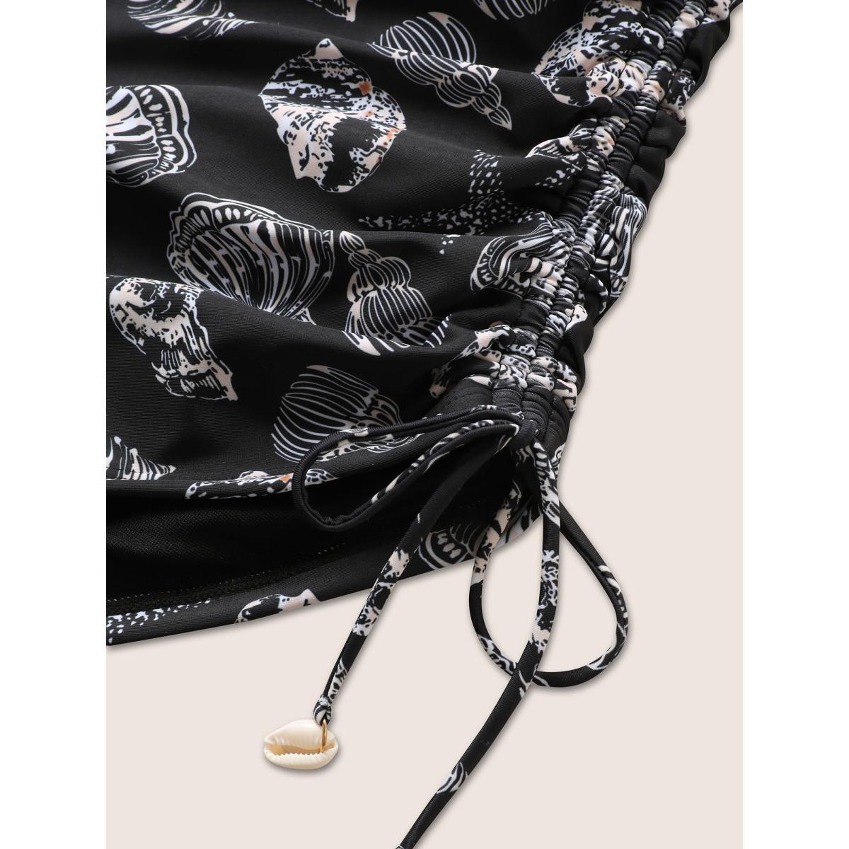Plus Size Shell Print Drawstring Side Skinny Swim Bottom Women's Swimwear Black Beach Drawstring High stretch Skinny High Rise Curve Swim Bottoms BloomChic 12/L Product Image