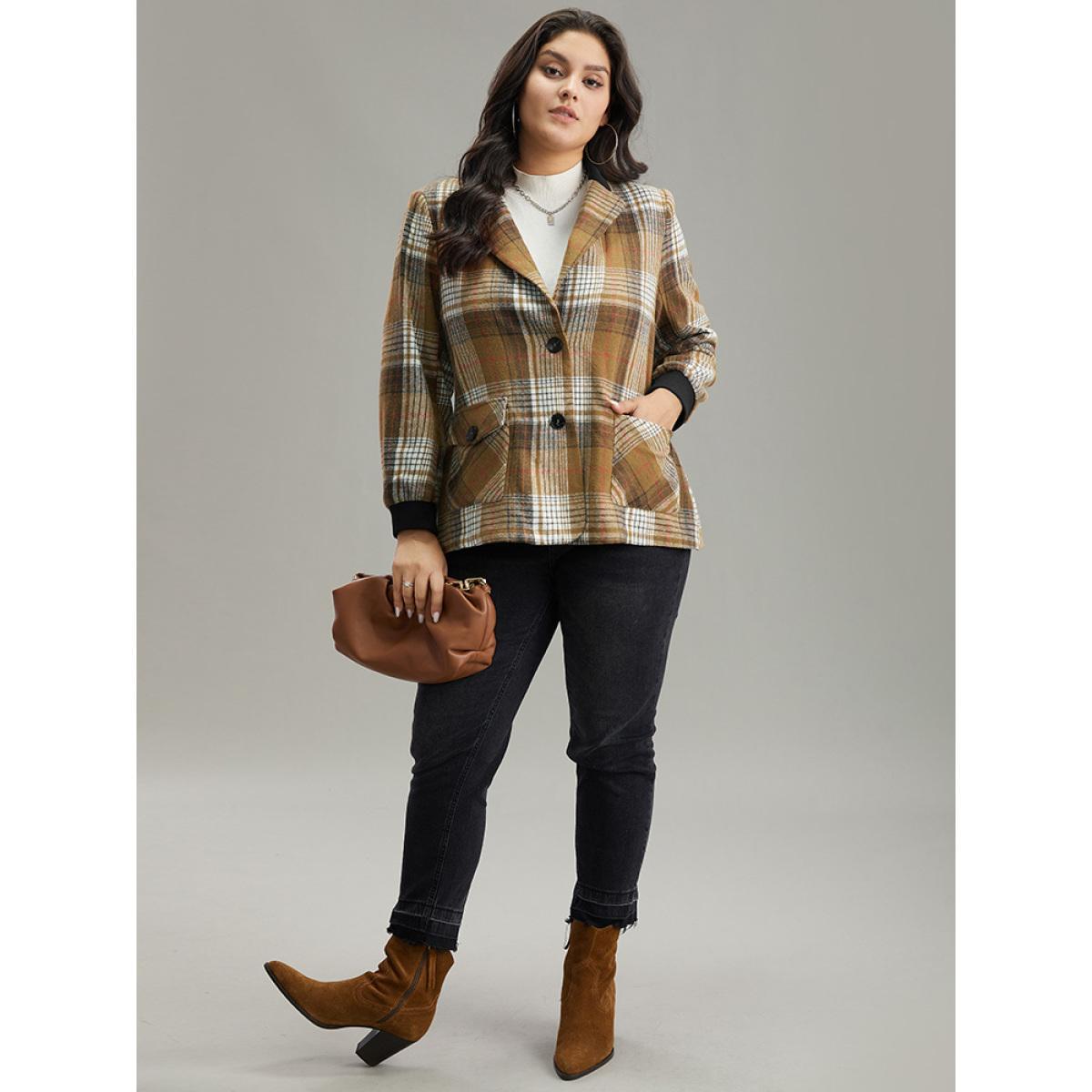 Plus Size Lapel Collar Plaid Button Up Blazer Bronze Women Work Plaid Contrast Sleeve Long Sleeve Lapel Collar 14-16/1X Pocket Office Blazers BloomChic Product Image