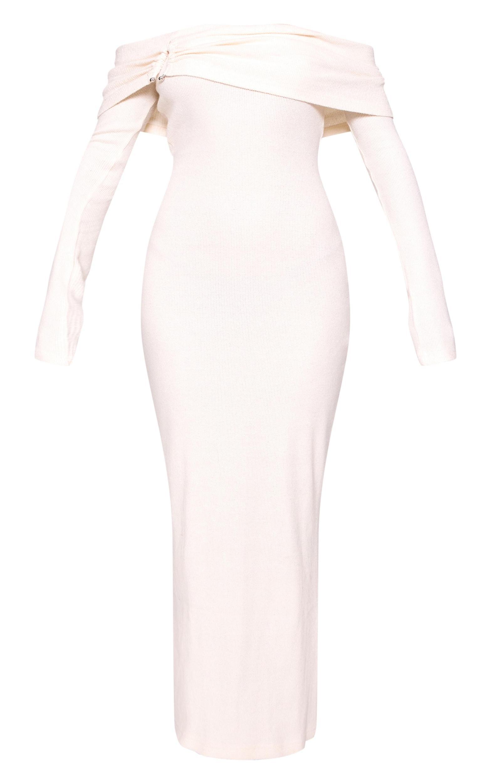 Cream Heavy Brushed Rib Bardot Trim Maxi Dress Product Image