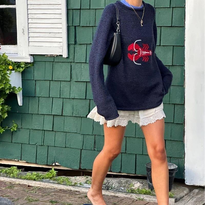Long Sleeve Lobster Print Loose-Fit Sweater Product Image