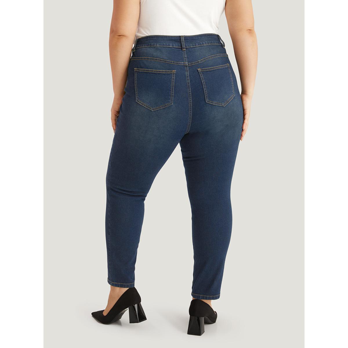 Plus Size Skinny Pocket Dark Wash Zipper Fly Jeans Women Indigo Casual Plain Non High stretch Slanted pocket Jeans BloomChic 24/3X Product Image
