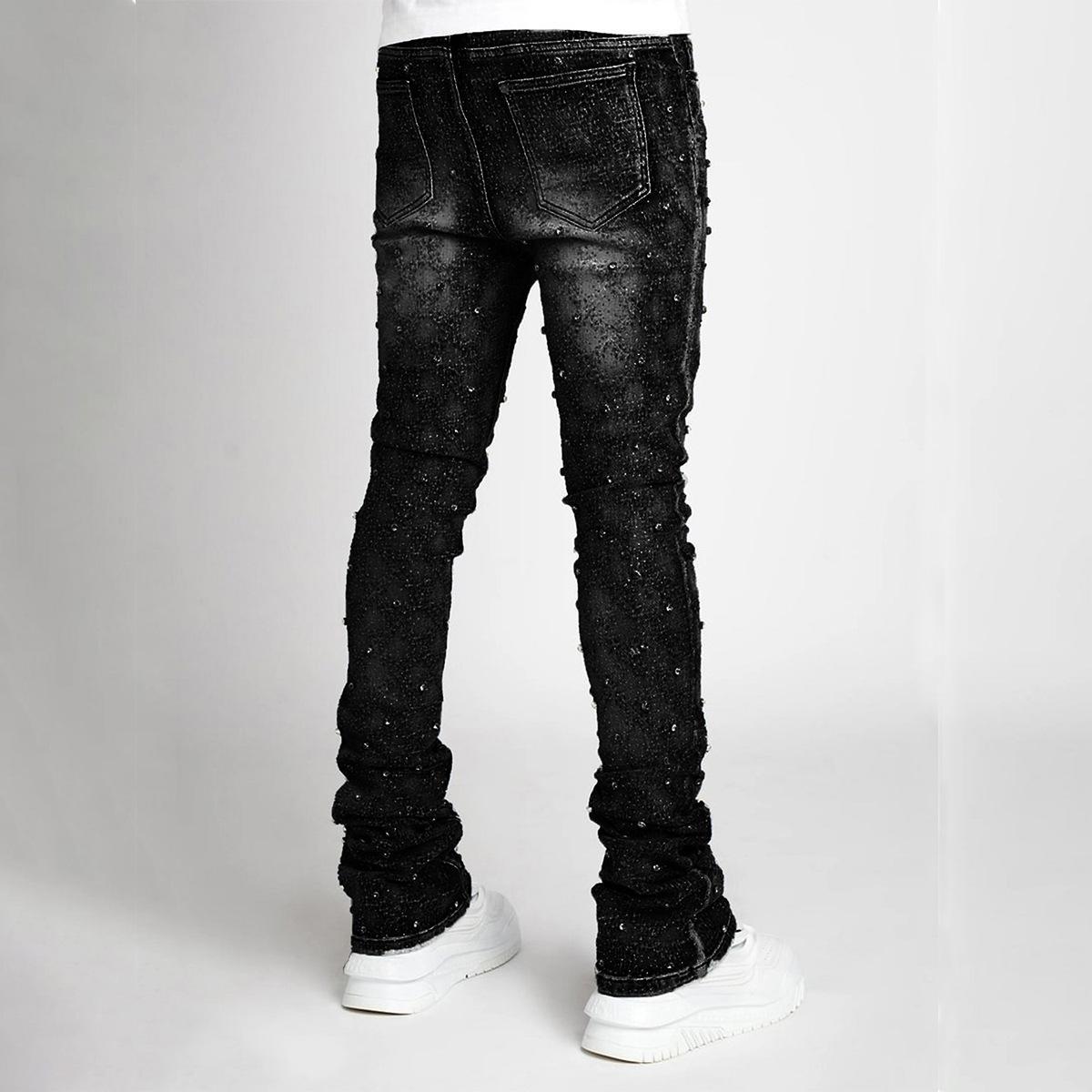 Hiphop Fashion Stretch Pearl Denim Layered Jeans Product Image