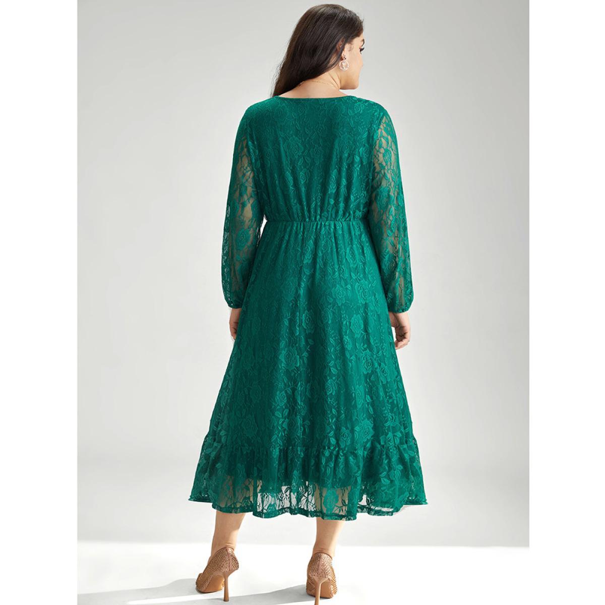 Plus Size Floral Crochet Lace Mesh Overlap Collar Dress Cyan Women Office Elastic cuffs Overlap Collar Long Sleeve Curvy Midi Dress BloomChic 22-24/3X Product Image
