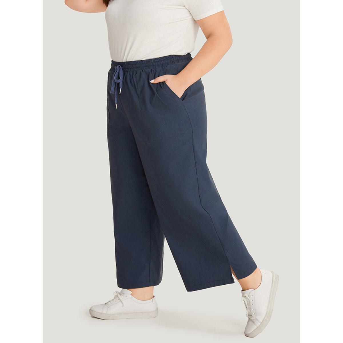 Plus Size Plain Pocket Drawstring Split HemWide leg Pants Women Indigo Office Loose Mid Rise Work Pants BloomChic 12/L Product Image