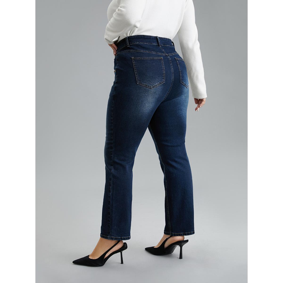 Plus Size Beaded Detail Full Length Pocket Straight Leg Jeans Women DarkBlue Casual Plain Beaded High stretch Pocket Jeans BloomChic 16/1X Product Image