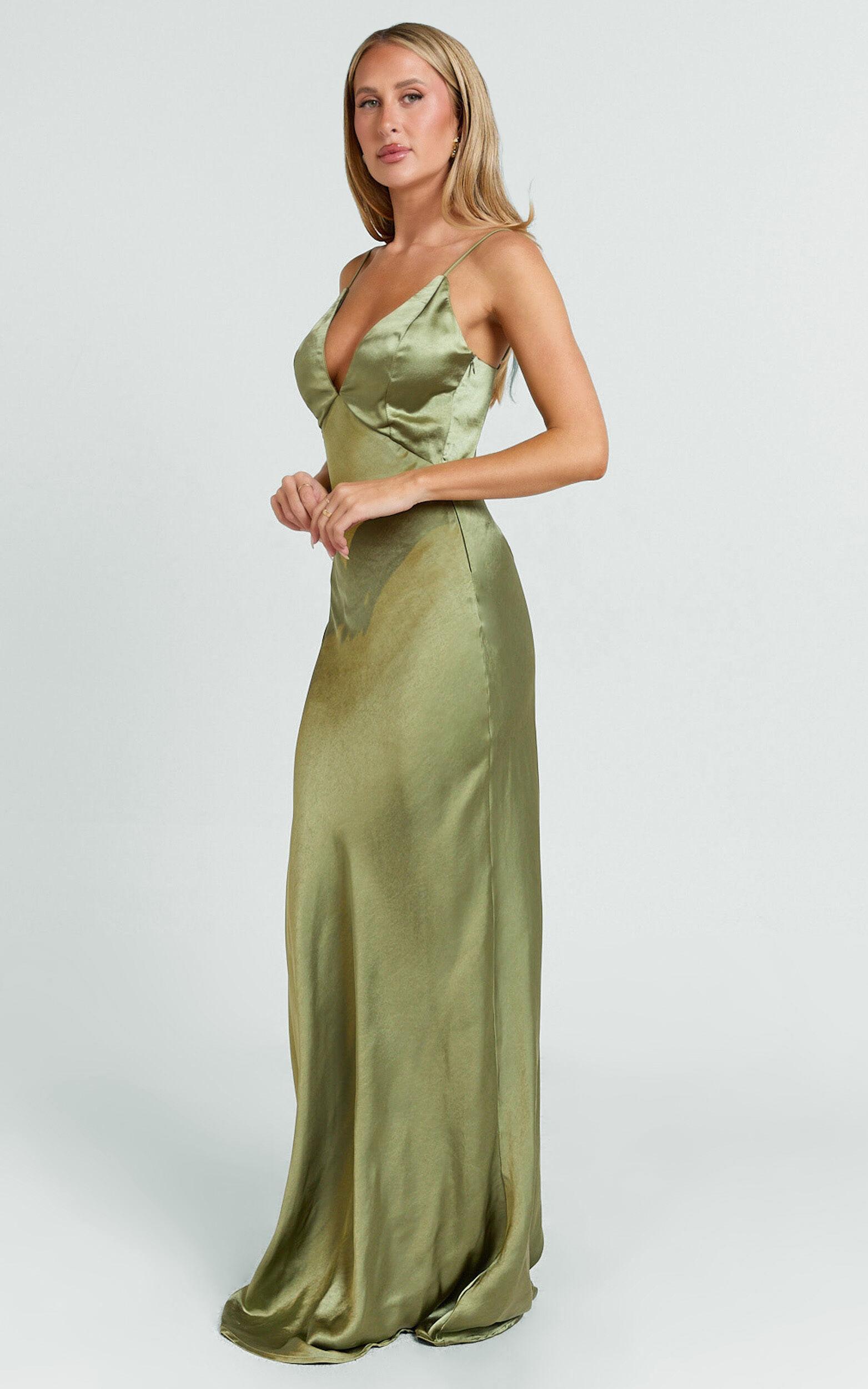 Quincy Maxi Dress - Satin Slip Dress in Olive Product Image