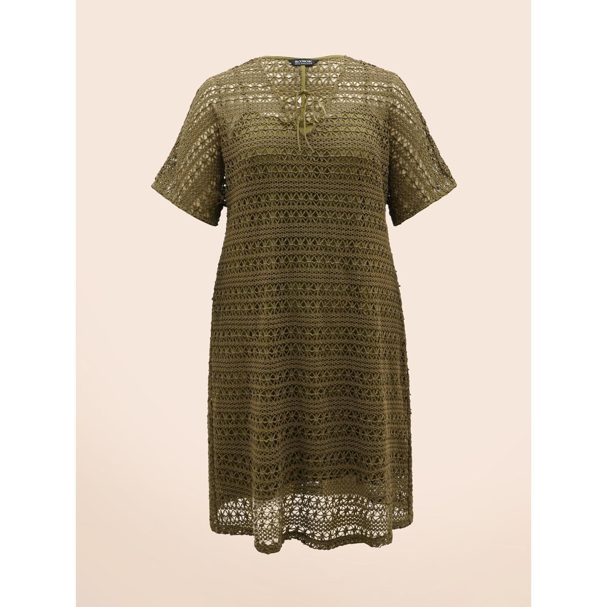 Plus Size Crocheted Lace Up Dolman Sleeve Tiered Dress ArmyGreen Women Casual Texture V-neck Half Sleeve Curvy BloomChic 22-24/3X Product Image