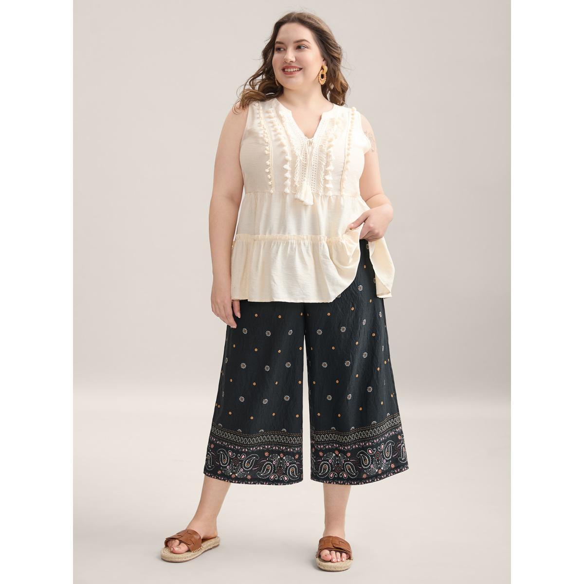 Plus Size Paisley Print Wide-Leg Airy Pants Women BlackFlower Resort Wide Leg Mid Rise Vacation Pants BloomChic 26/4X Product Image
