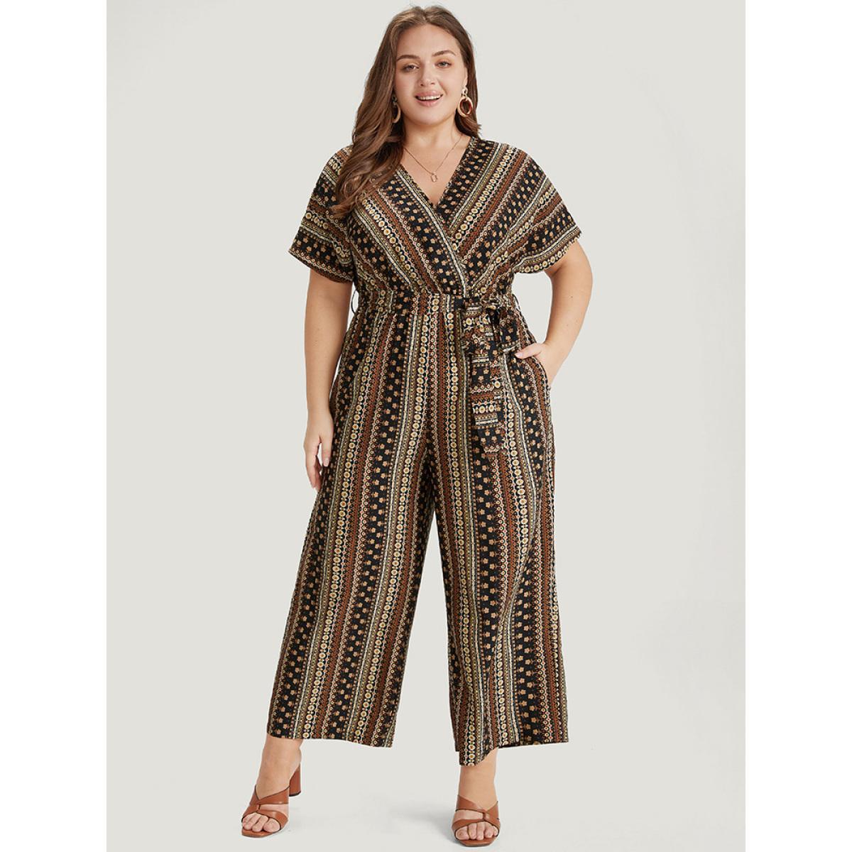 Plus Size DarkBrown Bandana Print Surplice Neck Belted Ruffle Sleeve Jumpsuit Women Elegant Short sleeve V-neck Dailywear Loose Jumpsuits BloomChic 28/5X Product Image