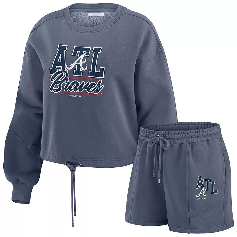 Women's WEAR by Erin Andrews  Navy Atlanta Braves Washed Fleece Sweatshirt & Shorts Lounge Set, Size: Small, Blue Product Image