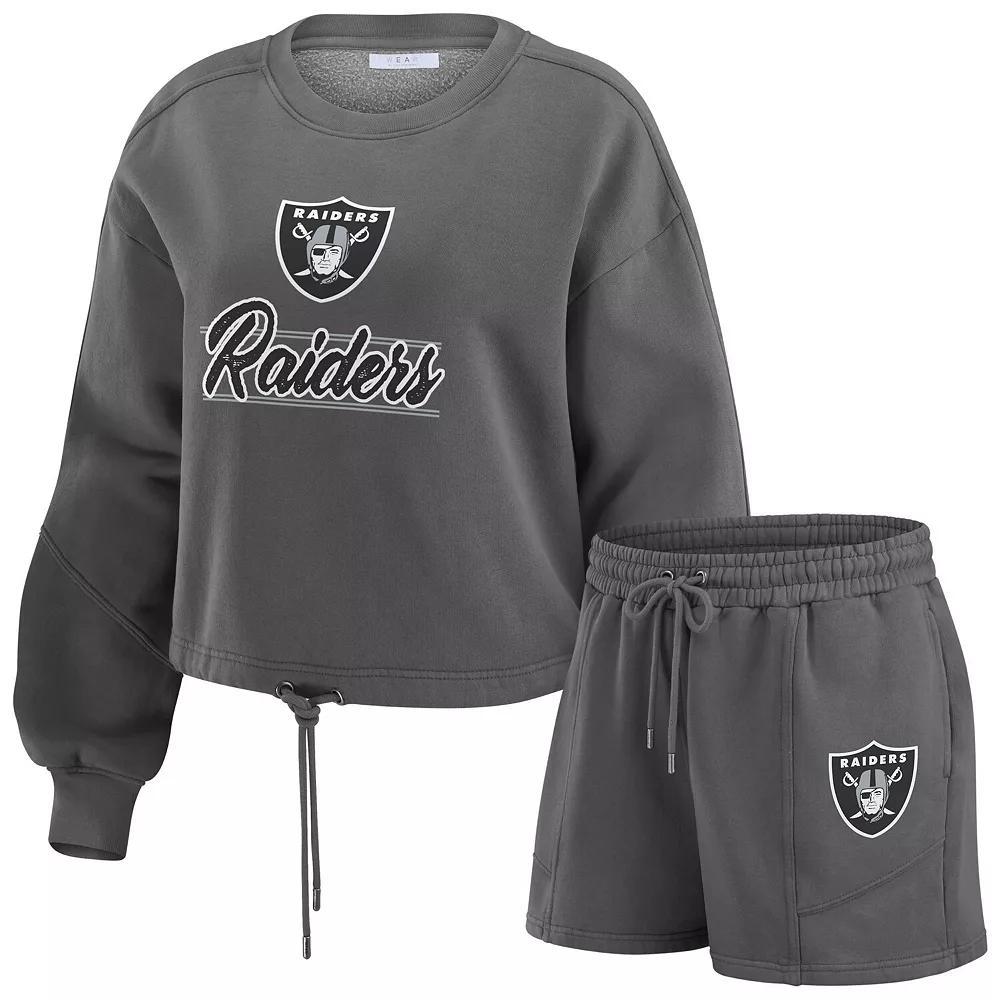 Women's WEAR by Erin Andrews Navy New England Patriots Washed Fleece Long Sleeve T-Shirt & Shorts Lounge Set, Size: 2XL, Blue Product Image