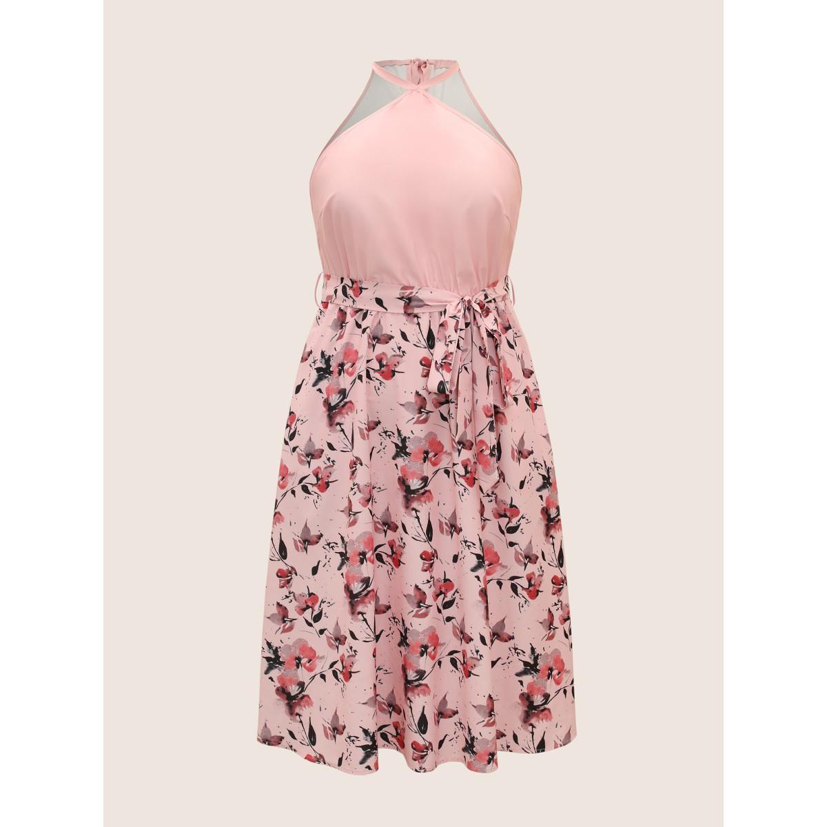 Plus Size Halter Neck Floral Patchwork Midi Dress Nudepink Women Elegant Belted Halter neck Sleeveless Curvy BloomChic 26/4X Product Image