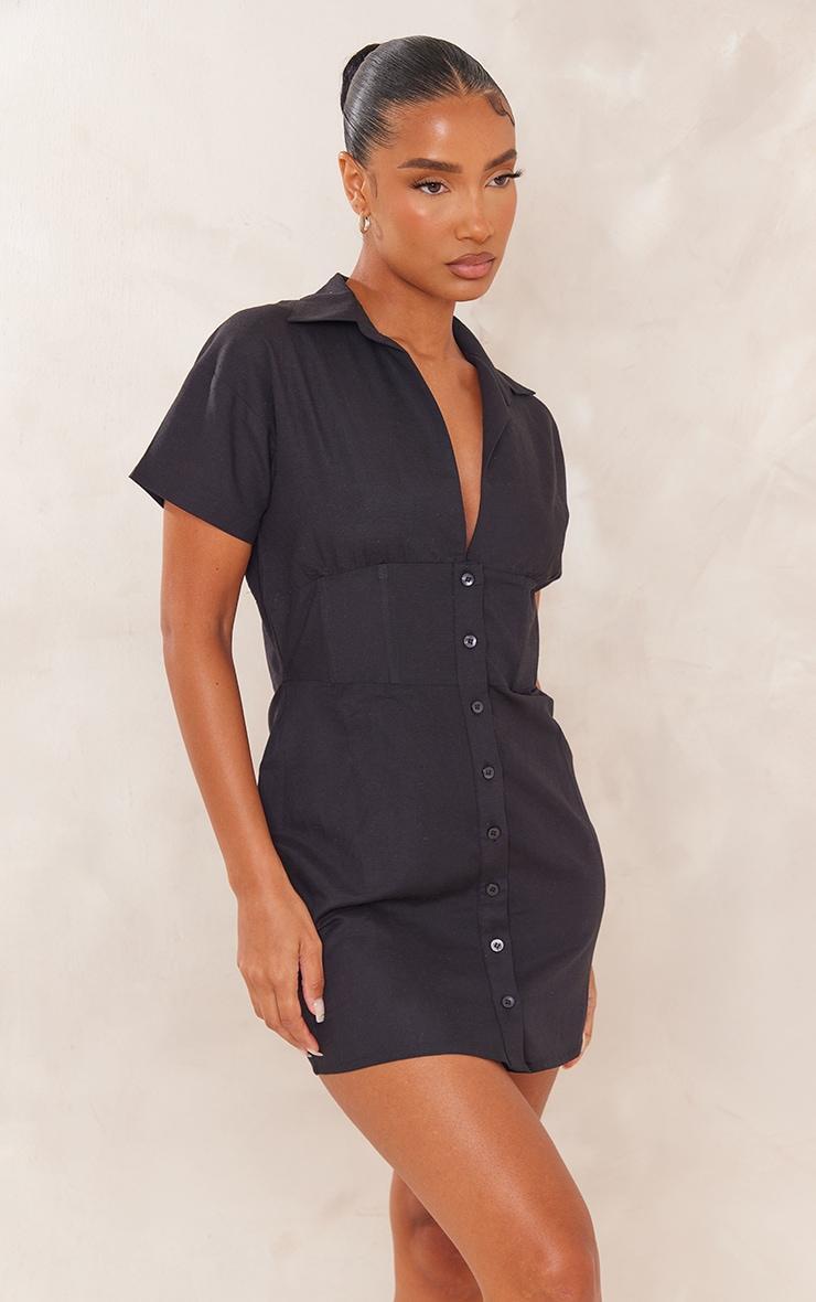 Black Short Sleeve Fitted Waist Linen Look Shirt Dress Product Image