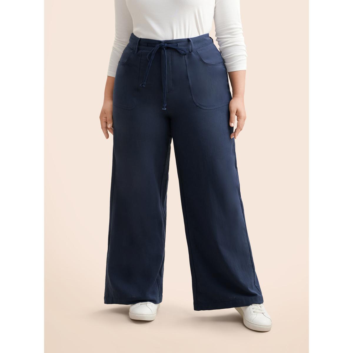 Plus Size Mid Rise Drawstring Wide Leg Pants Women Indigo Casual Wide Leg Mid Rise Everyday Pants BloomChic 28/5X Product Image