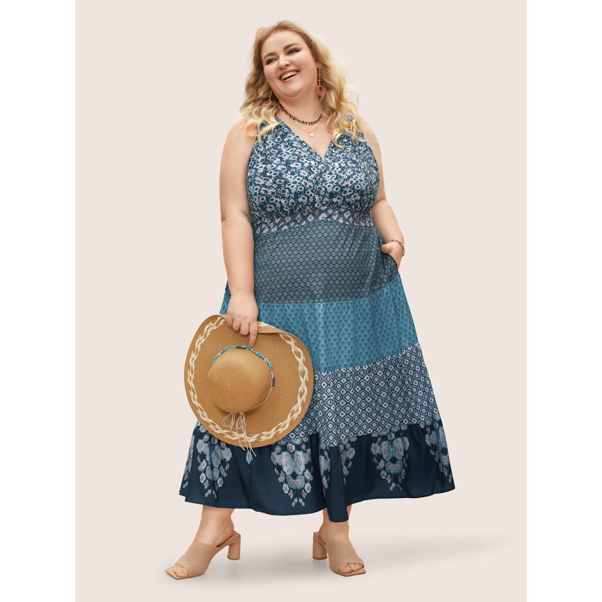 Plus Size Bandana Patchwork Floral Sleeveless Dress Aegean Women Resort Pleated V-neck Sleeveless Curvy BloomChic 12/L Product Image