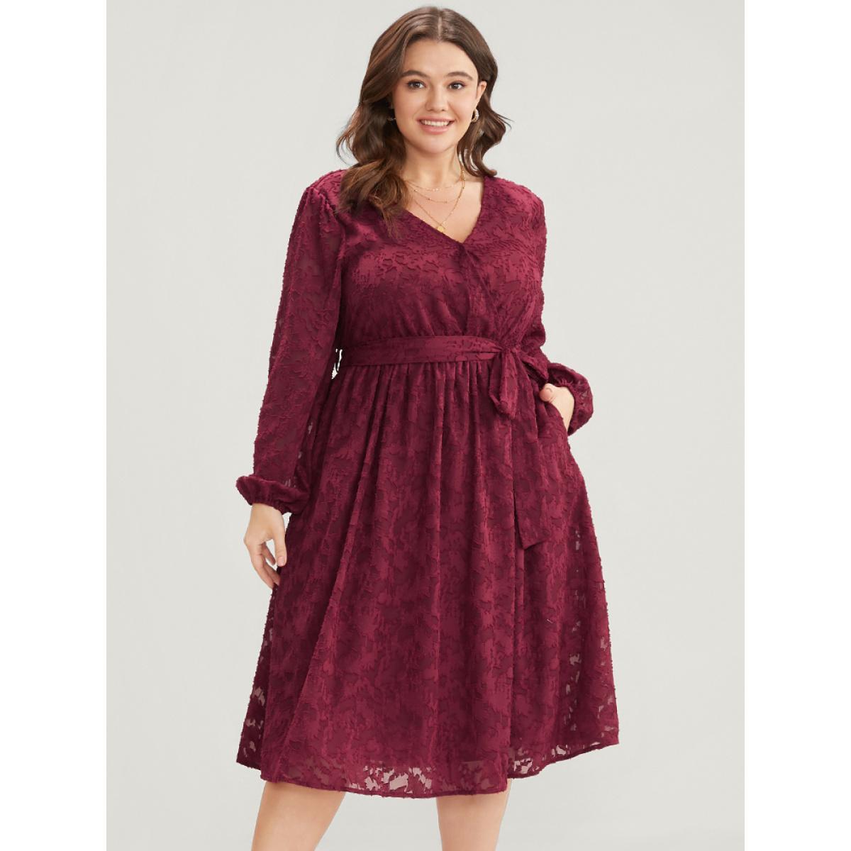 Plus Size Floral Pocket Lantern Sleeve Belted Surplice Neck Dress Scarlet Women Glamour Belted V-neck Long Sleeve Curvy Midi Dress BloomChic 26/4X Product Image