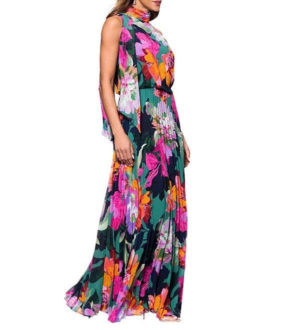 Xscape Pleated Chiffon Floral Print Halter Neck Scarf Sleeveless Blouson Maxi Dress Product Image