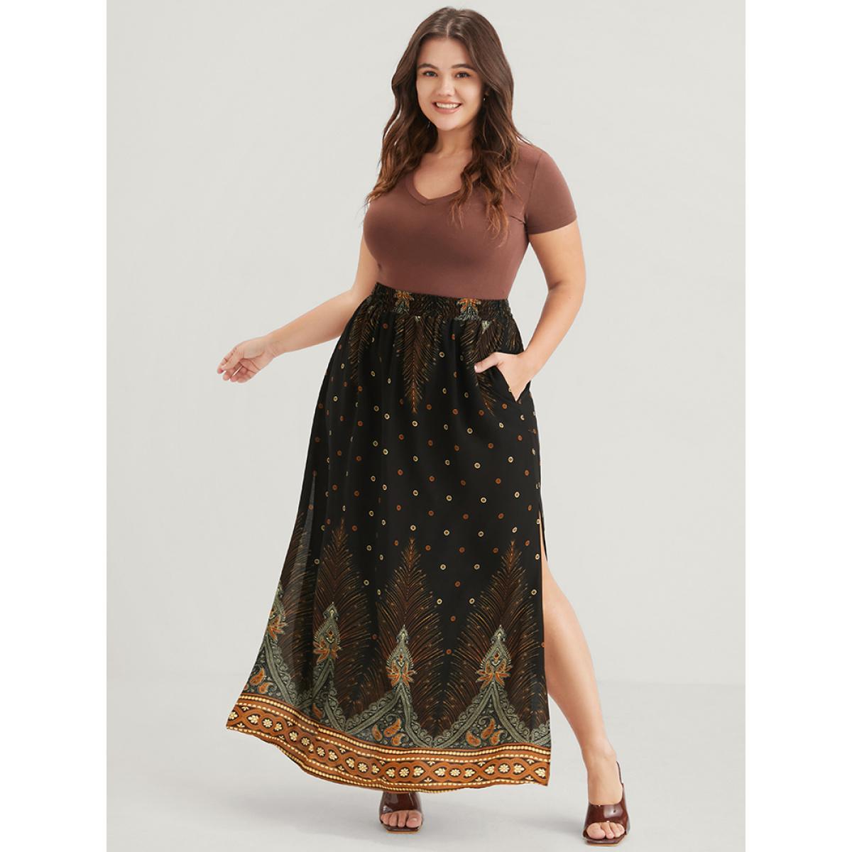 Plus Size Bandana Pocket Elastic Waist Split Skirt Women Black Vacation Printed No stretch Pocket Dailywear Skirts BloomChic 10/M Product Image