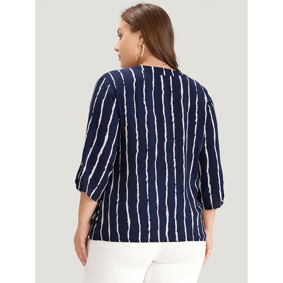 Plus Size Multicolor Striped Notched Three Quater Length Sleeve Blouse Women Office Elbow-length sleeve Notched collar Work Blouses BloomChic 12/L Product Image
