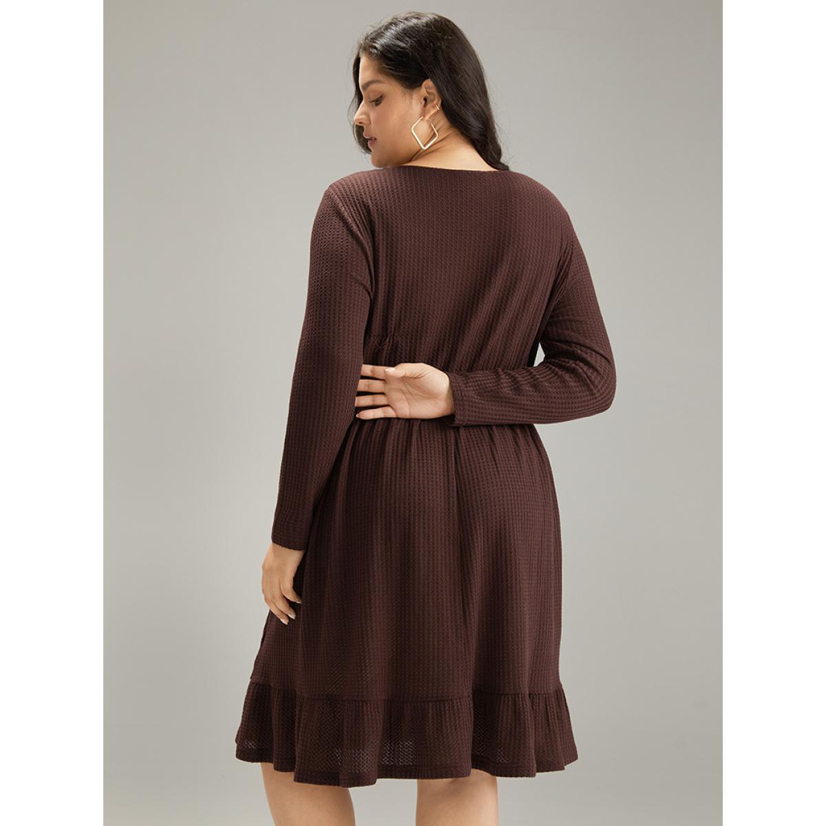 Plus Size Waffle Knit Button Up Elastic Waist Dress DarkBrown Women Casual Plain V-neck Long Sleeve Curvy Knee Dress BloomChic 28/5X Product Image