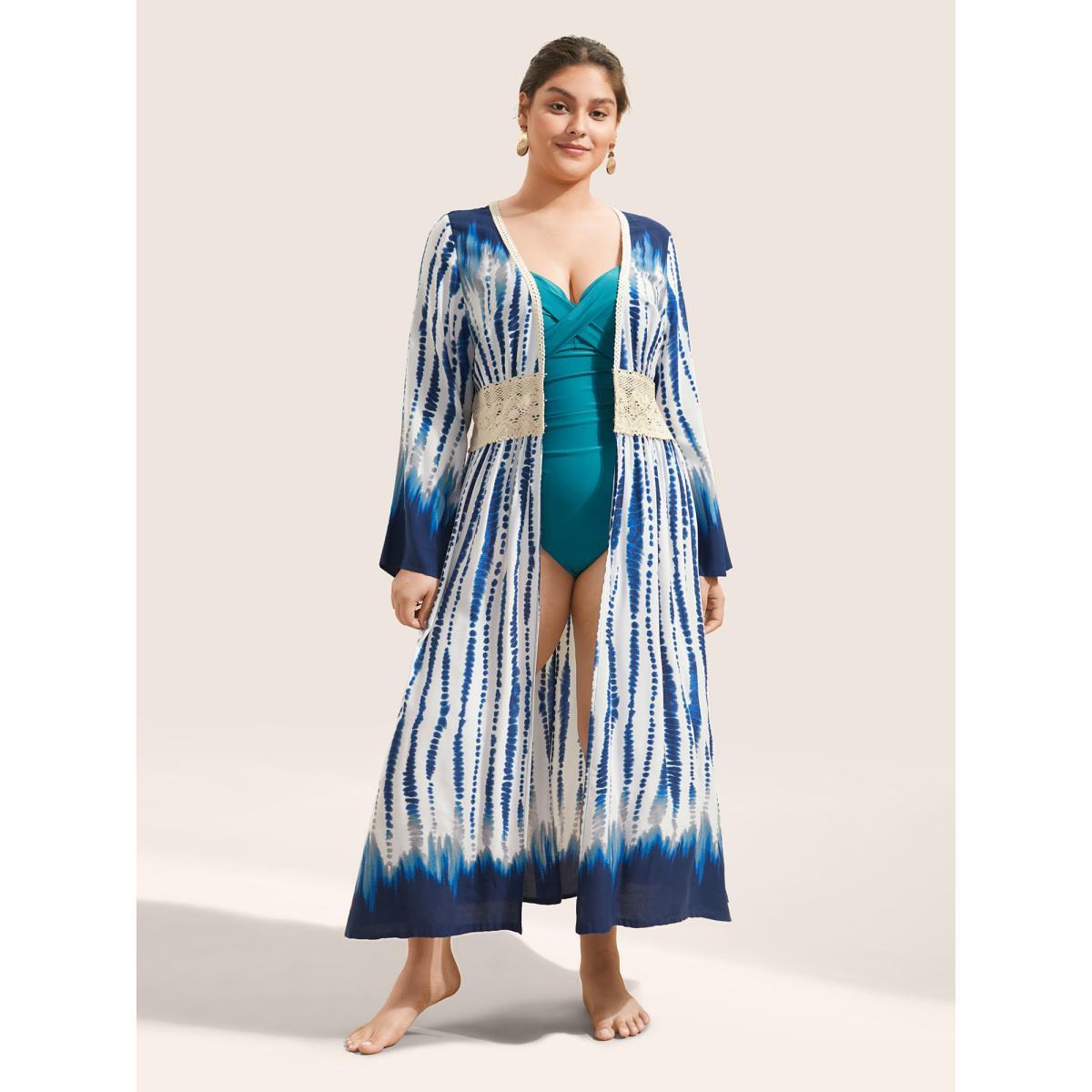 Plus Size Tie Dye Guipure Lace Waist Trim Kimono Women Blue Resort Tie Dye Vacation Kimonos BloomChic 10/M Product Image