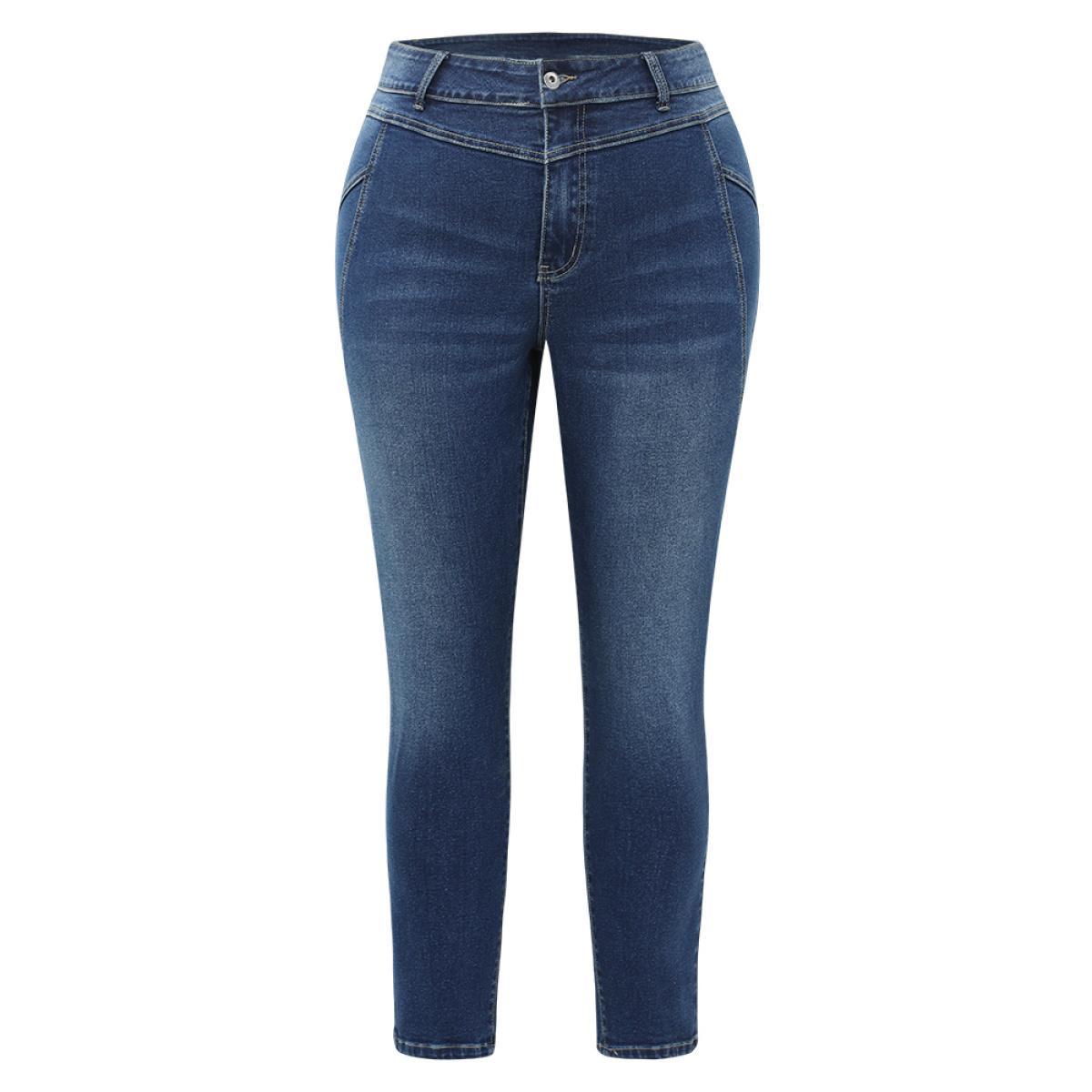 Plus Size Solid Very Stretchy Patchwork High Rise Jeans Women Blue Casual Plain Plain High stretch Pocket Jeans BloomChic 22/3X Product Image