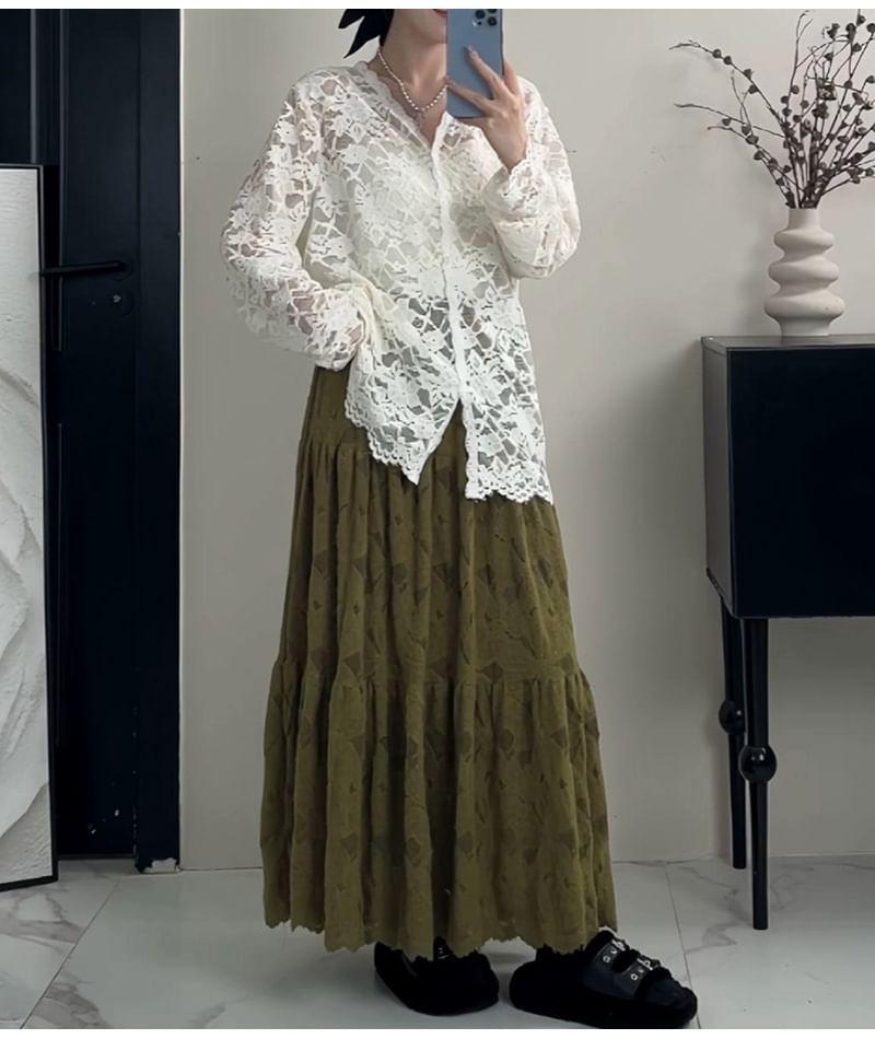 Long-Sleeve V-Neck Floral Lace Button Top Product Image
