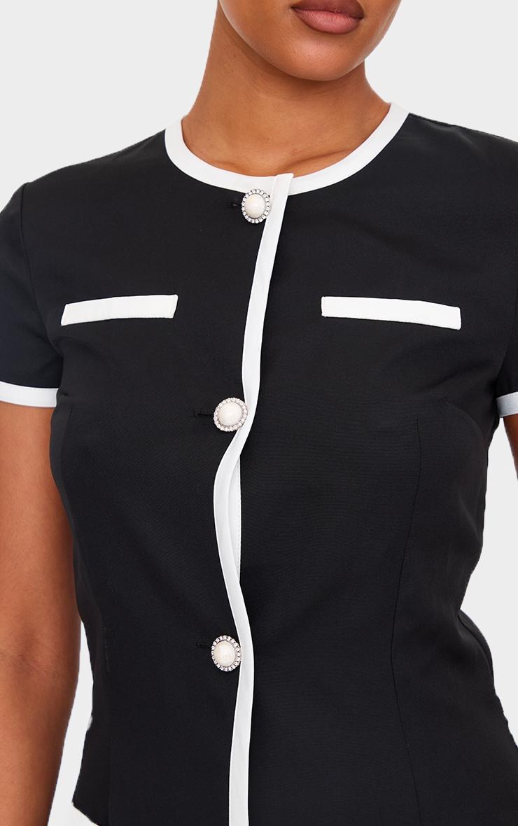 Tall Black Contrast Trim Pearl Button Up Mini Dress Product Image