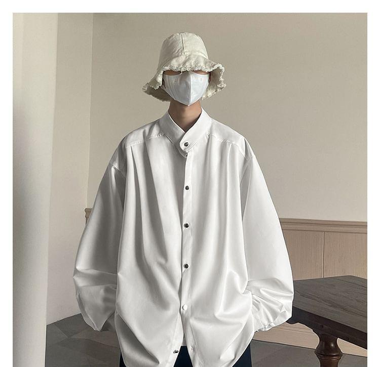 Long-Sleeve Stand Collar Plain Button-Up Shirt Product Image