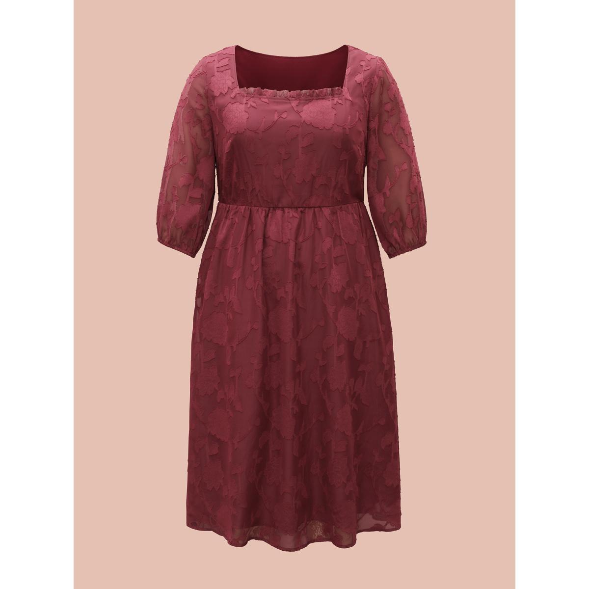 Plus Size Floral Frill Trim Stretchy-Waist Sheer Midi Dress Burgundy Women Elegant Texture Square Neck Elbow-length sleeve Curvy BloomChic 18-20/2X Product Image