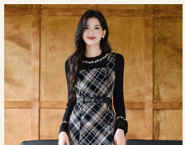 Long-Sleeve Crew Neck Faux Pearl Knit Top / Square Neck Plaid Midi A-Line Overall Dress Product Image
