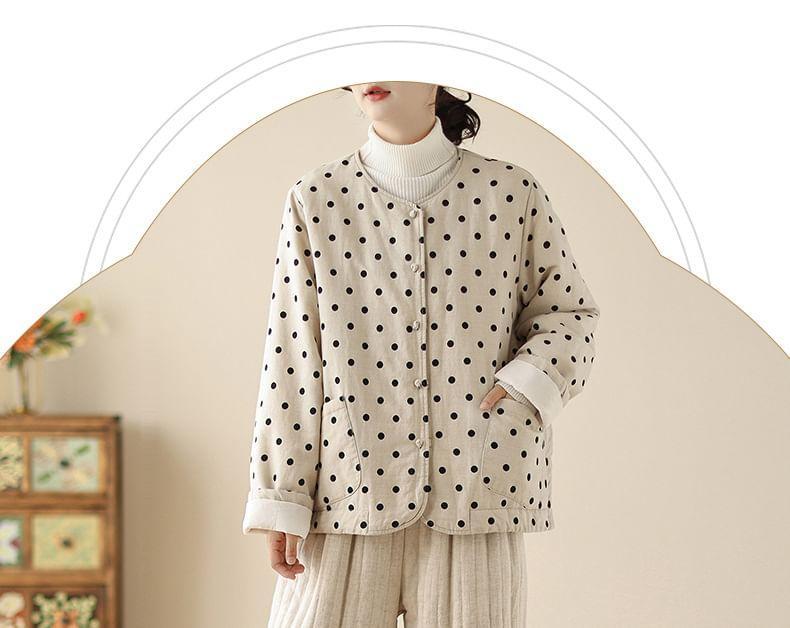 Round Neck Dotted Padded Frog Button Jacket Product Image