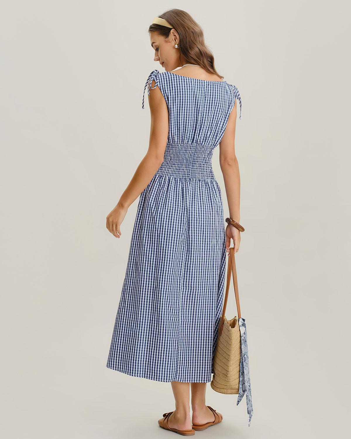 Blue Plaid Boat Neck Shirred Midi Dress Product Image