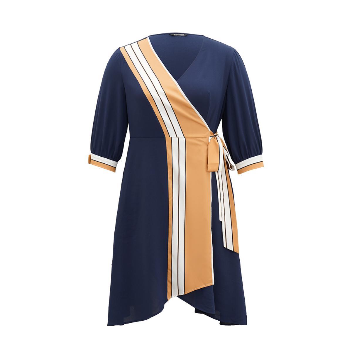Plus Size Contrast Striped Patchwork Wrap Dress Midnight Women Elegant Wrap V-neck Elbow-length sleeve Curvy Midi Dress BloomChic 14-16/1X Product Image