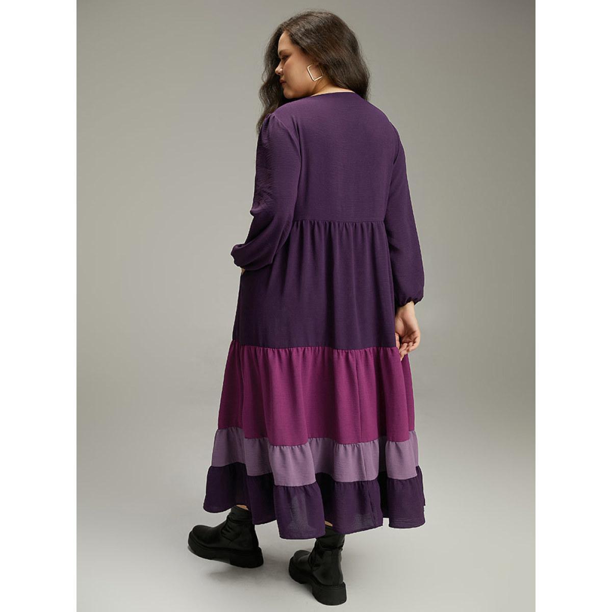 Plus Size Colorblock Contrast Square Neck Ruffle Layered Hem Dress Eggplant Women Casual Elastic cuffs Square Neck Long Sleeve Curvy Long Dress BloomChic 30/6X Product Image
