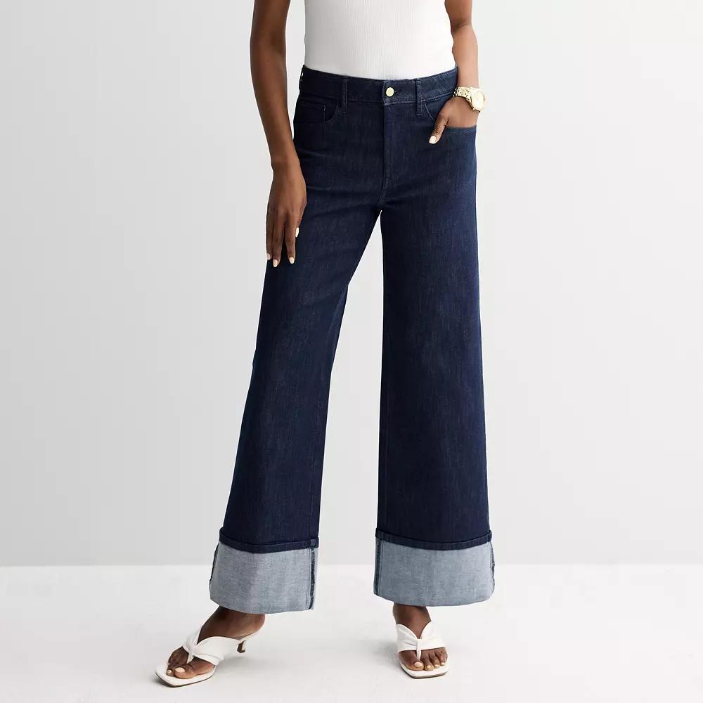 Women's Nine West High-Rise Cuffed Wide Leg Jeans, Size: 6, Dark Rinse Blue Product Image