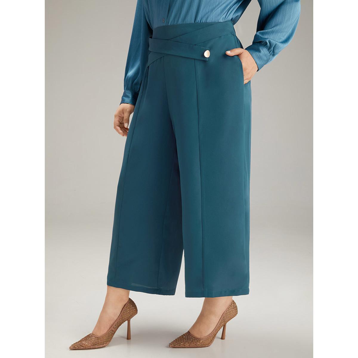Plus Size Anti-Wrinkle Solid Metal Detail Drape Pants Women Aegean Office Straight Leg Mid Rise Work Pants BloomChic 30/6X Product Image