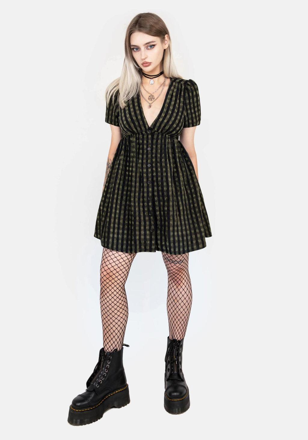 Rydal Check Button Up Mini Dress - Green Product Image