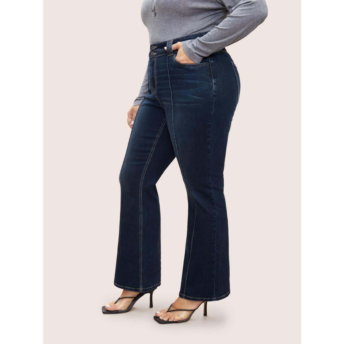 Plus Size Bootcut Seam Detail Button Up Full Length Jeans Women Indigo Casual Plain Non High stretch Slanted pocket Jeans BloomChic 18/2X Product Image