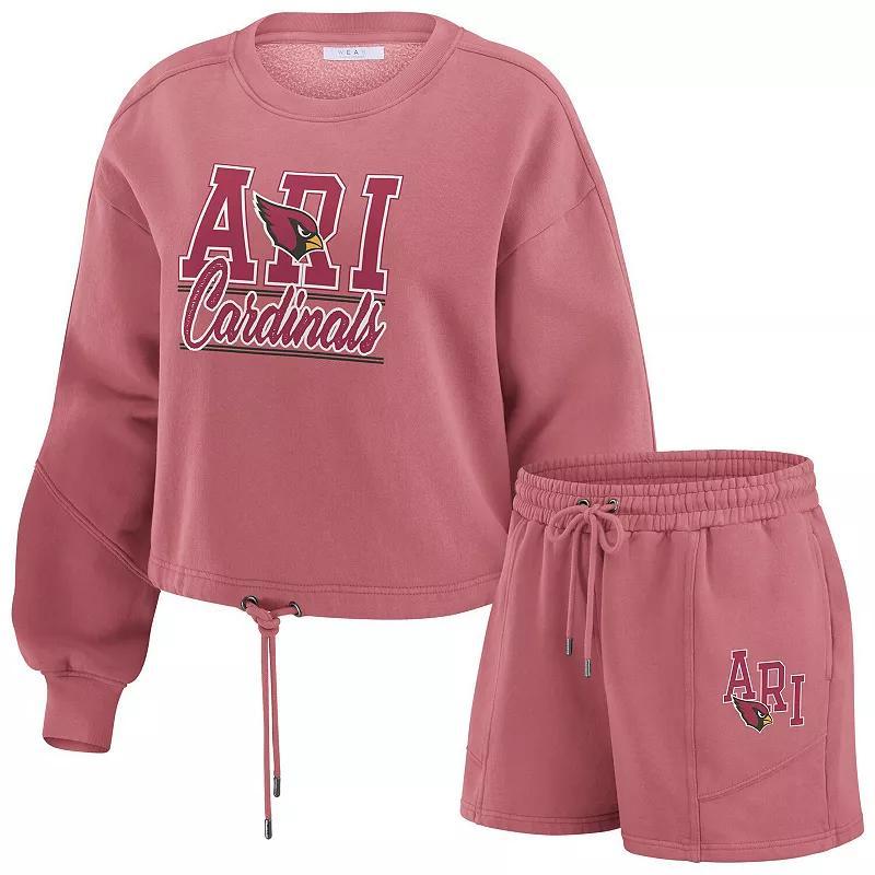 Women's WEAR by Erin Andrews Red Atlanta Falcons Washed Fleece Long Sleeve T-Shirt & Shorts Lounge Set, Size: Large Product Image