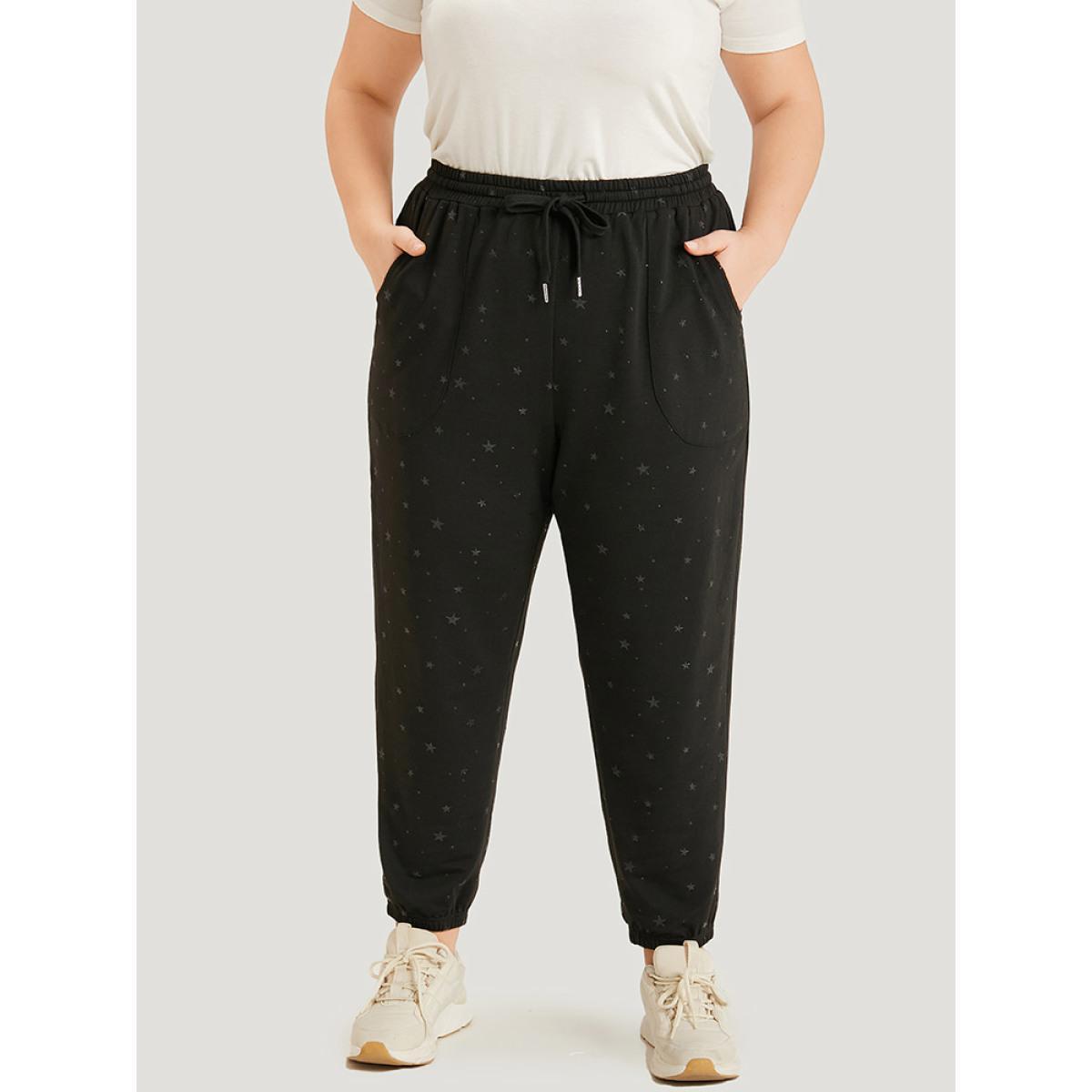 Star Drawstring Slant Pocket Elastic Waist Sweatpants Black Plus Size Women Casual Dailywear Elastic Waist 30/6X Bloomchic Product Image